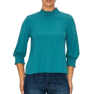 W5 Blouse Shaded Spruce Ribbed Texture Smocked 3/4 Sleeves Green Women's Medium
